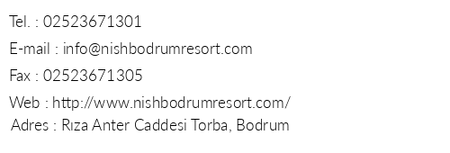 Nish Bodrum Resort Hotel telefon numaralar, faks, e-mail, posta adresi ve iletiim bilgileri